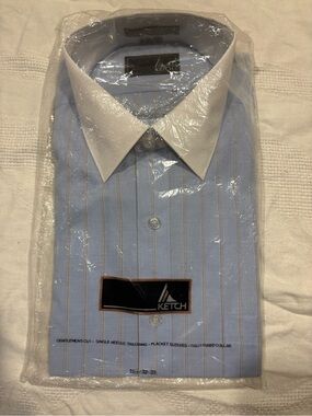 Ketch Men’s Light Blue Pinstripe Dress Shirt with White Contrast Collar
